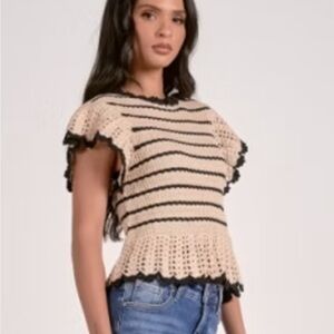 Rails Coen striped cotton crochet knit top in oatmeal black